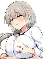 Rule 34 | 1girl, blue eyes, blush, breasts, breasts squeezed together, commentary request, grey hair, hair between eyes, hetero, horosuke, large breasts, long hair, long sleeves, mature female, open mouth, paizuri, paizuri under clothes, shirt, side ponytail, sidelocks, simple background, solo focus, uzaki-chan wa asobitai!, uzaki tsuki, white background, white shirt