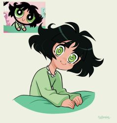 Rule 34 | black hair, bright pupils, buttercup (ppg), buttercup redraw challenge (meme), dated, derivative work, green background, green eyes, green pajamas, highres, kyu-bum lee, long sleeves, looking at viewer, meme, messy hair, pajamas, powerpuff girls, reference inset, screenshot inset, screenshot redraw, signature, simple background, under covers, upper body, white pupils