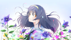 Rule 34 | 1girl, black hair, black neckerchief, blouse, blue sky, blurry, blurry foreground, brown eyes, closed mouth, commentary, day, depth of field, flower, from side, girls und panzer, hairband, highres, light frown, lips, long hair, looking at viewer, neckerchief, ooarai school uniform, outdoors, oze (xyz go go11), plaid hairband, purple flower, reizei mako, school uniform, serafuku, shirt, sky, solo, white shirt, wind, yellow hairband