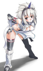 Rule 34 | 1girl, akinaie, boots, breasts, brown eyes, capcom, cleavage, gloves, grey hair, hairband, horns, kirin (armor), leaning forward, monster hunter (series), single horn, solo, thighhighs, yoshio (55level)