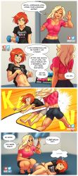 Rule 34 | 2girls, absurdres, ass, blonde hair, breasts, english text, female focus, green eyes, highres, huge ass, large breasts, long hair, multiple girls, muscular, muscular female, nortuet, original, red hair, revealing clothes, simple background, small breasts