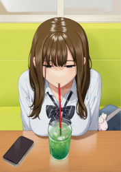 Rule 34 | 1girl, bag, bag charm, bendy straw, black bow, bow, breasts, brown hair, cellphone, charm (object), collared shirt, couch, diagonal-striped bow, drink, drinking, drinking straw, eyebrows hidden by hair, grey eyes, half-closed eyes, ice, ice cube, indoors, mattaku mousuke, medium breasts, on couch, original, phone, school bag, school uniform, shirt, solo, table, white shirt