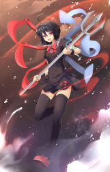 Rule 34 | 1girl, asymmetrical wings, black hair, black thighhighs, cloud, dress, female focus, floating, highres, houjuu nue, open mouth, polearm, red eyes, rouzille, shoes, short hair, sky, snake, solo, thighhighs, touhou, trident, weapon, wings