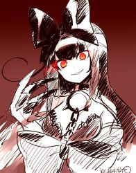 Rule 34 | 10s, 1girl, abyssal ship, artist name, black hair, bow, breasts, claws, cleavage, glowing, glowing eyes, gradient background, grin, hair bow, kantai collection, long hair, monochrome, red eyes, seaplane tender princess, smile, solo, upper body, yuzuki gao