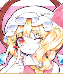 Rule 34 | 1girl, ascot, blonde hair, closed mouth, collared shirt, flandre scarlet, frilled shirt collar, frills, hat, heart, highres, light smile, looking at viewer, medium hair, mob cap, one eye closed, one side up, puffy short sleeves, puffy sleeves, red vest, shirt, short sleeves, solo, touhou, upper body, vest, white hat, white shirt, yellow ascot, youji (ohudousann)