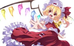 Rule 34 | 1girl, ascot, blonde hair, crystal wings, fang, flandre scarlet, frills, hat, hat ribbon, kouji-nojima, mob cap, open mouth, red ribbon, ribbon, side ponytail, simple background, skin fang, solo, touhou, white background, yellow ascot