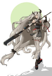 Rule 34 | 1girl, absurdres, arknights, bad id, bad pixiv id, bare shoulders, belt, detached sleeves, earrings, fingernails, glaive (polearm), gonsleep, grace16, grey hair, half-closed eyes, highres, holding, holding weapon, horns, jewelry, long hair, matoimaru (arknights), parted lips, pointy ears, polearm, pouch, red eyes, single earring, solo, standing, very long hair, weapon, wide sleeves
