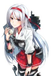 Rule 34 | 10s, 1girl, bad id, bad pixiv id, cowboy shot, egg, hairband, kantai collection, leaning forward, long hair, looking at viewer, muneate, purple eyes, ruuto (sorufu), shoukaku (kancolle), silver hair, skirt, smile, solo, thighhighs, very long hair, white background