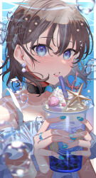 Rule 34 | 1girl, absurdres, air bubble, amahara subaru, black choker, blue eyes, blue nails, brown hair, bubble, camisole, choker, cup, drinking straw, earrings, hair between eyes, highres, holding, holding cup, ice, ice cube, jewelry, looking at viewer, original, ring, short hair, solo, underwater, upper body