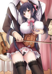 Rule 34 | 1boy, 1girl, black hair, black thighhighs, blush, bow, bow (music), bowtie, grabbing another&#039;s breast, breasts, brown eyes, cello, center frills, corset, covered erect nipples, frills, grabbing, hair ribbon, hetero, highres, huge breasts, instrument, lace, lace-trimmed legwear, lace trim, large breasts, long hair, nanairo fuuka, open mouth, original, panties, personification, pink bow, pink bowtie, ribbon, solo focus, thighhighs, underwear