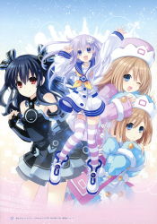 Rule 34 | 4girls, absurdres, bare shoulders, black hair, blue eyes, blush, brown hair, choujijigen game neptune re;birth 2, d-pad, d-pad hair ornament, hair ornament, highres, long hair, looking at viewer, multiple girls, nepgear, neptune (series), official art, one eye closed, open mouth, purple eyes, purple hair, ram (neptunia), red eyes, rom (neptunia), short hair, siblings, sisters, smile, striped clothes, striped legwear, striped thighhighs, thighhighs, tsunako, two side up, uni (neptunia)