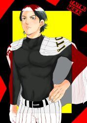 Rule 34 | 1boy, ace of diamond, baseball uniform, belt, black hair, black shirt, character name, hand on own hip, highres, looking at viewer, male focus, meat mint, mukai taiyou, shirt, shirt on shoulders, solo, sportswear, standing, toned