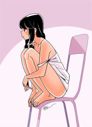 Rule 34 | 1girl, barefoot, black eyes, black hair, callan (callancoe), chair, closed mouth, dress, from side, hugging own legs, kantai collection, kitakami (kancolle), long hair, off shoulder, pink background, profile, sidelocks, signature, simple background, sitting, solo, two-tone background, white dress
