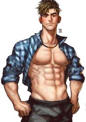 Rule 34 | 1boy, abs, bara, blue shirt, collared shirt, greenteaa, highres, jewelry, large pectorals, male focus, mature male, muscular, muscular male, navel, necklace, open clothes, open shirt, original, pectorals, plaid, plaid shirt, shirt, short hair, solo, spiked hair, thick eyebrows