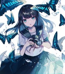 Rule 34 | 1girl, animal, black hair, black sailor collar, black skirt, blue eyes, bug, butterfly, camera, collarbone, commentary request, danjou sora, highres, holding, holding camera, insect, long hair, looking at viewer, neck ribbon, original, parted lips, pleated skirt, red ribbon, ribbon, sailor collar, school uniform, serafuku, shirt, short sleeves, simple background, skirt, solo, water drop, white background, white shirt