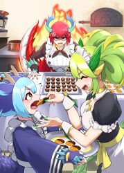 Rule 34 | 3girls, anger vein, angry, apron, baking sheet, blue hair, brick oven, buttons, chocolate, cookie, double-breasted, dragon girl, dragon horns, dragon tail, duel monster, feeding, fire, food, frilled apron, frills, green hair, highres, holding, holding food, horns, kitchen dragonmaid, laundry dragonmaid, long hair, multicolored hair, multiple girls, open mouth, oven, parlor dragonmaid, red hair, tail, two-tone hair, yata masahara, yu-gi-oh!