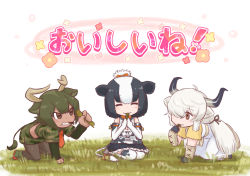 Rule 34 | 3girls, :3, all fours, alt text, animal ears, animal print, aurochs (kemono friends), bare shoulders, bell, black hair, black legwear, black skirt, blush, bow, bowtie, brown bow, brown neckwear, camouflage, camouflage shirt, camouflage skirt, collar, commentary request, cow ears, cow girl, cow print, cow tail, da (bobafett), dress, eating, elbow gloves, extra ears, closed eyes, frilled skirt, frills, gloves, grass, green hair, green sleeves, hair bun, hair over one eye, highres, holstein friesian cattle (kemono friends), kemono friends, kemono friends 3, long dress, long hair, long sleeves, multicolored hair, multiple girls, neck bell, necktie, orange bow, ox ears, ox girl, ox horns, pantyhose, pencil skirt, pleated skirt, print gloves, print legwear, print shirt, red neckwear, seiza, shirt, short hair, short sleeves, single hair bun, sitting, skirt, sleeveless, t-shirt, tail, tail bell, tail bow, tail ornament, tank top, thighhighs, translated, twintails, two-tone hair, white dress, white gloves, white hair, yak (kemono friends), yellow shirt, zettai ryouiki