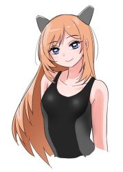Rule 34 | 1girl, black one-piece swimsuit, blue eyes, breasts, collarbone, commentary request, cropped arms, cropped torso, headgear, kantai collection, long hair, one-piece swimsuit, orange hair, salmon (kancolle), simple background, small breasts, solo, swimsuit, tamu (mad works), two-tone one-piece swimsuit, two-tone swimsuit, upper body, white background