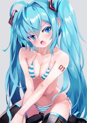 Rule 34 | 1girl, :o, ahoge, bikini, black footwear, blue bikini, blue eyes, blue hair, blush, boots, breasts, character name, cleavage, collarbone, grey background, hatsune miku, head tilt, high heel boots, high heels, highres, long hair, looking at viewer, mixed-language commentary, number tattoo, open mouth, ribbon, shoulder tattoo, side-tie bikini bottom, simple background, sitting, skindentation, small breasts, solo, striped bikini, striped clothes, swimsuit, takepon1123, tattoo, tears, thigh boots, thighhighs, twintails, v-shaped eyebrows, very long hair, vocaloid, white ribbon, yokozuwari