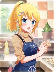 Rule 34 | 10s, 1girl, apron, battle girl high school, blonde hair, blue eyes, blush, dumpling, food, fortissimo, hair ornament, hairclip, jiaozi, kitchen, kougami kanon, lens flare, looking at viewer, musical note, musical note hair ornament, official art, open mouth, solo