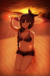 Rule 34 | 1girl, :d, arm up, artist name, backlighting, bad id, bad pixiv id, bare shoulders, barefoot, belt, bikini, bikini top only, black bikini, black shorts, blush, bottle, braid, braided ponytail, breasts, brown hair, cleavage, collarbone, commentary, daishuquee, desert, dusk, front-tie bikini top, front-tie top, full body, green eyes, groin, hair between eyes, hair ribbon, hand on own chest, highres, large breasts, long hair, looking at viewer, medium breasts, multi-tied hair, navel, open mouth, orange belt, outdoors, ponytail, pouring, pouring onto self, re:zero kara hajimeru isekai seikatsu, ribbon, seiza, shadow, shaula (re:zero), short shorts, shorts, sidelocks, sitting, smile, solo, stomach, swimsuit, teeth, upper teeth only, water, water bottle, wet