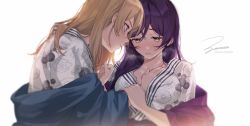 Rule 34 | 2girls, ayase eli, bad id, bad twitter id, blonde hair, blue eyes, blush, breasts, closed mouth, green eyes, hair between eyes, hand on another&#039;s chest, highres, japanese clothes, kimono, large breasts, long hair, looking at another, looking down, love live!, love live! school idol project, multiple girls, parted lips, pink lips, purple hair, robe, signature, sweat, tojo nozomi, yukata, yuri, zawawa (satoukibi1108)