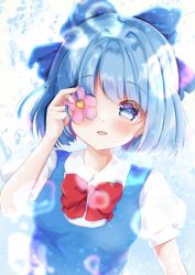 Rule 34 | 1girl, :d, blue bow, blue hair, bow, bowtie, cirno, flower, flower over eye, hair bow, looking at viewer, open mouth, pink flower, red bow, red bowtie, shirotsuki shirone, short hair, short sleeves, smile, solo, touhou, upper body