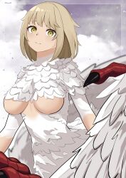 Rule 34 | 1girl, absurdres, bob cut, breasts, chimera, commentary, dungeon meshi, falin touden, falin touden (chimera), feathers, highres, kanadeho, large breasts, light brown hair, looking at viewer, monster girl, parted lips, short hair, slit pupils, solo, spoilers, taur, underboob, wings, yellow eyes