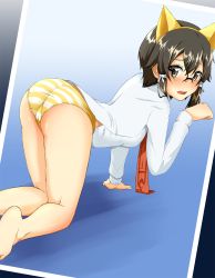 Rule 34 | 10s, 1girl, all fours, animal ears, asada shino, ass, black eyes, black hair, cat ears, cla (torinabe), dress shirt, glasses, highres, md5 mismatch, necktie, panties, paw pose, photo (object), resolution mismatch, shirt, short hair, solo, source smaller, striped clothes, striped panties, sword art online, underwear