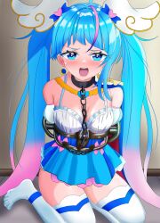 Rule 34 | 1girl, absurdres, armband, arms behind back, blue cape, blue eyes, blue hair, blue shirt, blush, breasts, cape, chain, commentary, cure sky, cut bangs, earrings, feather hair ornament, feathers, frown, hair ornament, half-closed eyes, highres, hirogaru sky! precure, indoors, jewelry, kneeling, long hair, looking at viewer, magical girl, manga sakuga (precure), medium breasts, multicolored hair, no pants, no shoes, open mouth, pink hair, precure, red cape, restrained, shirt, solo, sora harewataru, spaghetti strap, streaked hair, sweatdrop, thighhighs, two-sided cape, two-sided fabric, two-tone hair, very long hair, white thighhighs