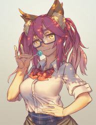 Rule 34 | 10s, 1girl, animal ear fluff, animal ears, artist request, breasts, candy, collarbone, fate/extra, fate/extra ccc, fate/grand order, fate (series), food, fox ears, fox tail, glasses, grey background, hand on own hip, large breasts, lollipop, official alternate costume, pink hair, school uniform, semi-rimless eyewear, simple background, solo, tail, tamamo (fate), tamamo no mae (fate/extra), tamamo no mae (jk) (fate), twintails, yellow eyes
