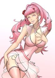 Rule 34 | 1girl, breasts, cleavage, ferdnay, fire emblem, fire emblem: three houses, highres, hilda valentine goneril, large breasts, looking at viewer, nintendo, pink eyes, pink hair, see-through, simple background, solo