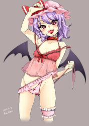 Rule 34 | 1girl, bad id, bad pixiv id, bare shoulders, bridal garter, camisole, collar, fangs, fingernails, grey background, hat, highres, karasuma yayoi, nail polish, no pants, open mouth, panties, panty lift, panty pull, pink panties, pointy ears, purple hair, red eyes, remilia scarlet, sharp fingernails, short hair, simple background, solo, tongue, tongue out, touhou, underwear, wedgie