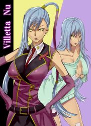 Rule 34 | 1girl, bandages, breasts, cleavage, code geass, dark skin, dual persona, elbow gloves, gloves, grey hair, hair down, hands on own hips, large breasts, long hair, military, military uniform, minami koyogi, necktie, ponytail, sweater, uniform, villetta nu, yellow eyes