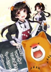 Rule 34 | &gt; &lt;, +++, 10s, 1girl, ^^^, alternate costume, amayadori machi, animal ears, apron, bear ears, bear tail, black dress, black hair, blush, bow, bowtie, brown eyes, closed eyes, dress, enmaided, fangs, flying sweatdrops, frilled apron, frills, highres, kumai natsu, kumamiko, long hair, low twintails, maid, maid apron, maid headdress, mizuiro 32, multiple views, nose blush, open mouth, parted lips, skirt hold, tail, translation request, twintails, white bow, white bowtie