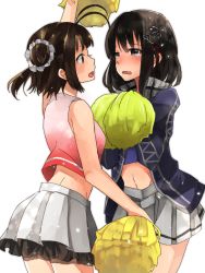 Rule 34 | alternate costume, antenna hair, arm up, bare shoulders, black hair, blue jacket, blue shirt, bob cut, brown eyes, brown hair, check commentary, cheerleader, commentary, commentary request, cowboy shot, crop top, double bun, embarrassed, eye contact, face-to-face, frills, haguro (kancolle), hair ornament, hairclip, hands on own chest, jacket, kantai collection, looking at another, naka (kancolle), open mouth, pink shirt, pom pom (cheerleading), rinto (rint rnt), shirt, short hair, simple background, skirt, tears, track jacket, white background, white skirt, yellow pom poms