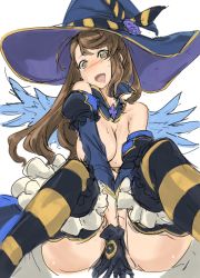 Rule 34 | 10s, 1girl, :d, asymmetrical bangs, bandeau, bare shoulders, beatrix (granblue fantasy), between legs, black gloves, blue hat, blush, bottomless, breasts, breasts squeezed together, brown hair, clothes lift, detached collar, detached sleeves, drooling, gloves, granblue fantasy, green eyes, halloween, halloween costume, hat, heart, heart-shaped pupils, large breasts, long hair, long sleeves, looking at viewer, no nose, no panties, nose blush, open mouth, saliva, shirt lift, simple background, sitting, sketch, smile, solo, striped clothes, striped thighhighs, sweat, symbol-shaped pupils, thighhighs, tooya daisuke, v arms, white background, witch hat