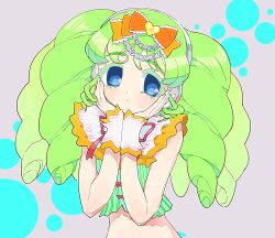 Rule 34 | 1girl, blue eyes, blush, bow, colored eyelashes, cropped shirt, falulu, green hair, green shirt, hair bow, hair ornament, hands on own cheeks, hands on own face, hands up, heart, heart hair ornament, long hair, looking to the side, moudoku (decopon3rd), pretty series, pripara, shirt, sidelocks, solo, twintails, wrist cuffs, yellow bow
