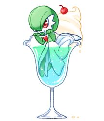 Rule 34 | 1girl, blush, bob cut, cherry, chibi, colored skin, creatures (company), cup, drink, drinking glass, dripping, female focus, flat chest, food, food focus, fruit, game freak, gardevoir, gen 3 pokemon, green hair, green skin, hair over one eye, hands up, ice cream, ice cream float, in food, knees together feet apart, light blush, muguet, multicolored skin, nintendo, one eye covered, open mouth, parted lips, partially submerged, pokemon, pokemon (creature), red eyes, short hair, simple background, solo, two-tone skin, white background, white skin