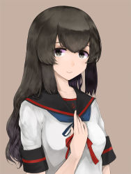 Rule 34 | 1girl, anchor symbol, black hair, black sailor collar, commentary, grey background, grey eyes, hair down, hand on own chest, highres, isonami (kancolle), isonami kai ni (kancolle), kantai collection, kurou (bcrow), long hair, looking at viewer, sailor collar, school uniform, serafuku, short sleeves, simple background, smile, solo, upper body