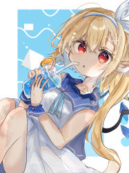 Rule 34 | 1girl, alternate costume, bad hands, bad id, bad pixiv id, blonde hair, blue background, blue hairband, blue sailor collar, cup, drinking straw, feet out of frame, flandre scarlet, hair between eyes, hairband, highres, holding, holding cup, long hair, looking at viewer, open mouth, ramochi, red eyes, sailor collar, shirt, side ponytail, simple background, skirt, sleeveless, sleeveless shirt, solo, summer, touhou, white shirt, white skirt