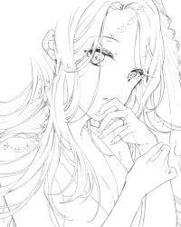 Rule 34 | 1girl, breasts, bridal veil, cleavage, dress, ear piercing, earrings, fingernails, floating hair, greyscale, hand to own mouth, hands up, highres, holding own arm, jewelry, lace, lineart, long hair, looking at viewer, monochrome, original, parted lips, piercing, portrait, ring, sketch, sleeveless, sleeveless dress, solo, tadano yukiko, veil, very long hair, white background