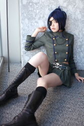 Rule 34 | 1girl, asian, belt, black socks, blue hair, blurry, boots, breasts, chrome dokuro, color contacts, cosplay, cross-laced footwear, depth of field, eyepatch, female focus, highres, indoors, jewelry, katekyo hitman reborn!, lace-up boots, looking at viewer, makeup, mascara, midriff, miniskirt, namada, necklace, on floor, parted lips, photo (medium), pleated skirt, rug, short hair, sitting, skirt, skull and crossbones, skull belt, small breasts, socks, solo, uniform