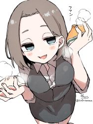 Rule 34 | 1girl, baozi, blue eyes, blush stickers, breasts, brown hair, collared shirt, commentary request, dress shirt, food, forehead, grey skirt, grey vest, hands up, highres, holding, holding food, medium breasts, office lady, open mouth, parted bangs, pencil skirt, senpai ga uzai kouhai no hanashi, shirt, short sleeves, signature, simple background, skirt, sofra, solo, standing, steam, tsukishiro mona (shiromanta), twitter username, vest, white background, white shirt