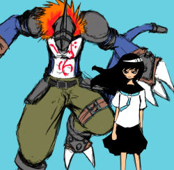 Rule 34 | 1boy, 1girl, aqua background, armor, artist request, blindfold, chest tattoo, claws, clenched teeth, digimon, digimon (creature), dragon, dragon boy, dragon tail, jumping, long hair, looking at viewer, monster, muscular, pants, pectorals, school uniform, sharp teeth, shoulder armor, shoulder pads, simple background, skirt, standing, strikedramon, tail, tattoo, teeth