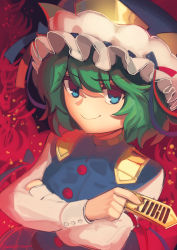 Rule 34 | 1girl, blue dress, blue eyes, boa (brianoa), commentary, crossed arms, dress, english commentary, green hair, hat, highres, holding, long sleeves, looking at viewer, medium hair, red background, shiki eiki, shirt, smile, smug, solo, touhou, white shirt
