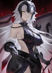 Rule 34 | 1girl, armor, artist request, banner, chain, fate/grand order, fate (series), faulds, gloves, highres, jeanne d&#039;arc alter (fate), lipgloss, long hair, looking at viewer, open hand, smile, tiara, very long hair, white hair, yellow eyes