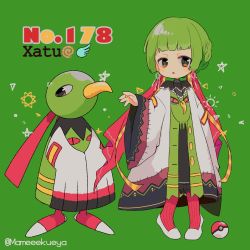 Rule 34 | 1girl, beak, bird, blunt bangs, braid, character name, creature and personification, creatures (company), dress, french braid, full body, game freak, gen 2 pokemon, green background, hand up, highres, jewelry, long sleeves, looking at viewer, narumame, necklace, nintendo, parted lips, personification, poke ball, poke ball (basic), pokedex number, pokemon, pokemon (creature), red legwear, ring, shoes, sidelocks, simple background, standing, star (symbol), twitter username, white footwear, wide sleeves, xatu