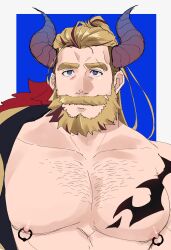 Rule 34 | 1boy, absurdres, alternate hair color, bara, bare pectorals, beard, bergamond (crave saga), blue background, blue eyes, chest hair, chest tattoo, collarbone, crave saga, demon horns, eyebrow cut, facial hair, fur trim, highres, horns, jewelry, large pectorals, long hair, looking at viewer, male focus, mature male, multicolored hair, muscular, muscular male, mustache, nipple piercing, nipple rings, nipples, official alternate costume, open clothes, pectorals, piercing, ponytail, purple hair, solo, tattoo, tearing up, thick eyebrows, thick mustache, two-tone hair, usuki (usukine1go)