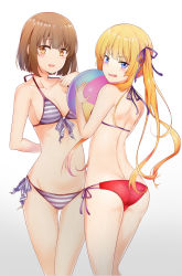 Rule 34 | 2girls, :d, absurdres, arms behind back, ass, back, ball, bare back, bare shoulders, beachball, bikini, blonde hair, blue eyes, blush, breasts, brown eyes, brown hair, cleavage, collarbone, cowboy shot, female focus, flat chest, front-tie top, gluteal fold, gradient background, hair ribbon, halterneck, highres, katou megumi, long hair, looking at viewer, looking back, medium breasts, midriff, multi-strapped bikini, multiple girls, navel, neck, open mouth, red bikini, ribbon, saenai heroine no sodatekata, sawamura spencer eriri, short hair, side-tie bikini bottom, smile, standing, string bikini, striped bikini, striped clothes, sunhyun, swimsuit, thigh gap, twintails, white background